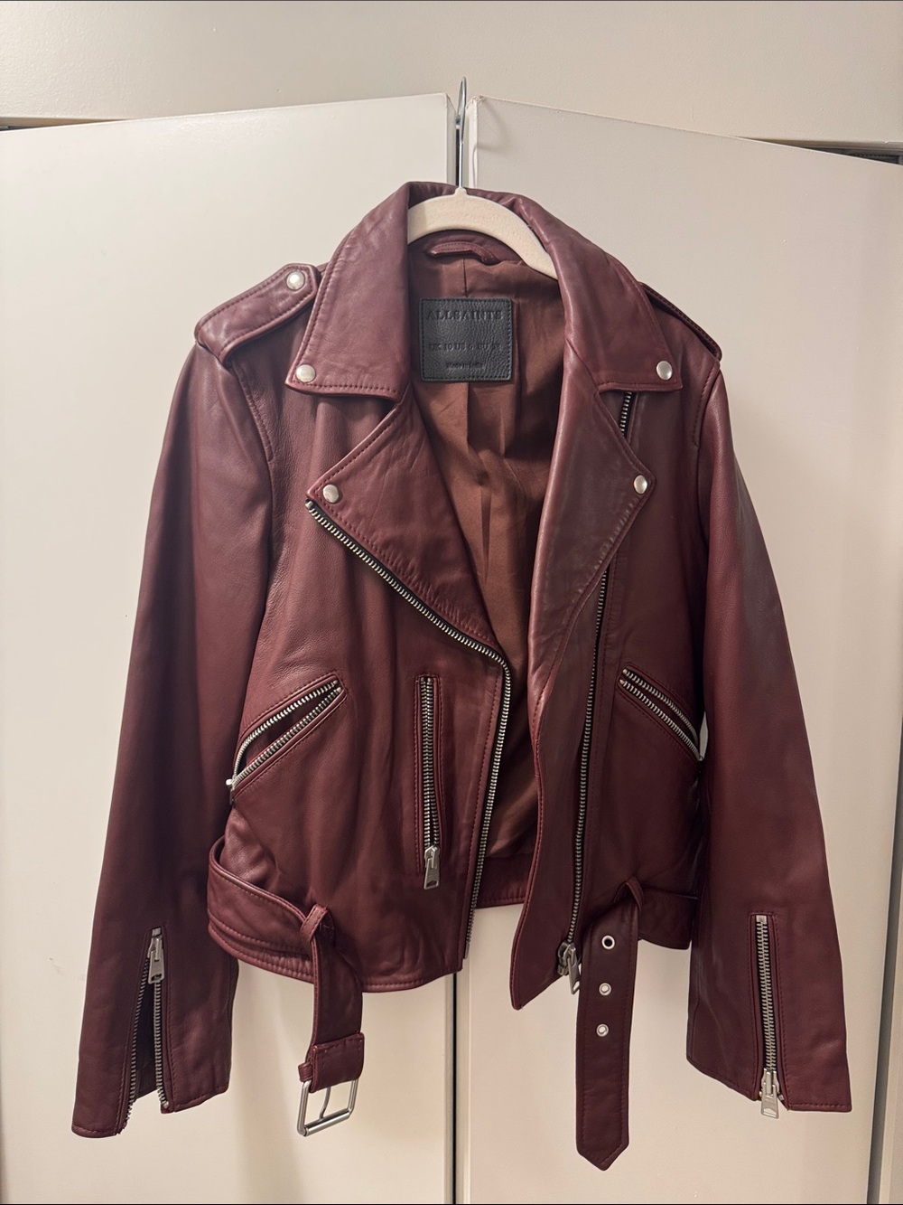 All Saints Women’s Belfern Leather Biker Jacket in rich burgundy